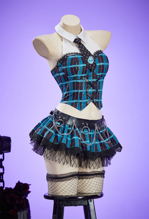 Haunted Night Gothic Blue Black Plaid Set Hanging Neck Top and Mini Skirt with Gloves and Tie Haunted Night Gothic Blue Black Plaid Set Hanging Neck Top and Mini Skirt with Gloves and Tie
