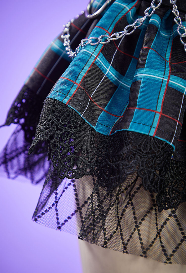Haunted Night Gothic Blue Black Plaid Set Hanging Neck Top and Mini Skirt with Gloves and Tie Haunted Night Gothic Blue Black Plaid Set Hanging Neck Top and Mini Skirt with Gloves and Tie