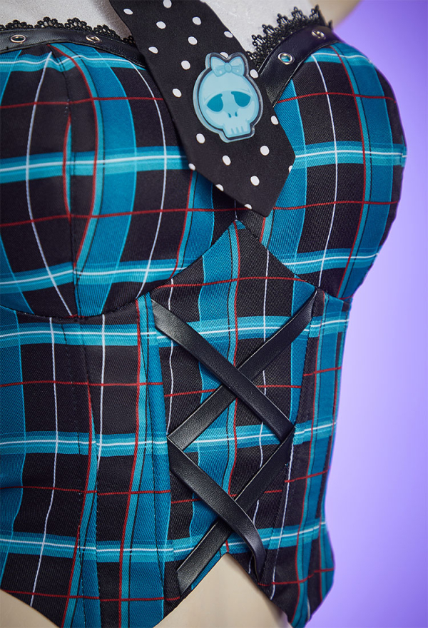 Haunted Night Gothic Blue Black Plaid Set Hanging Neck Top and Mini Skirt with Gloves and Tie Haunted Night Gothic Blue Black Plaid Set Hanging Neck Top and Mini Skirt with Gloves and Tie