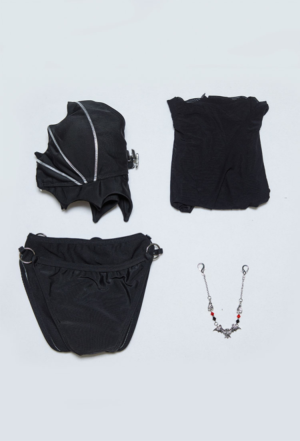 Night Widow Gothic Black Devil Wings Two-piece Swimsuit Bikini Set Halter Wings Styled Top Briefs Bathing Suit with Wrap Skirt