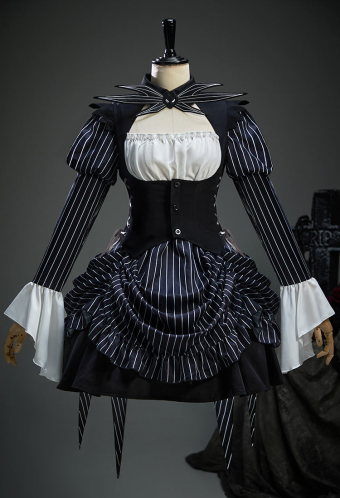 Sweet Nightmare Jack Skellington Style Gothic Costume Long Sleeve Dress with Corset and Tie