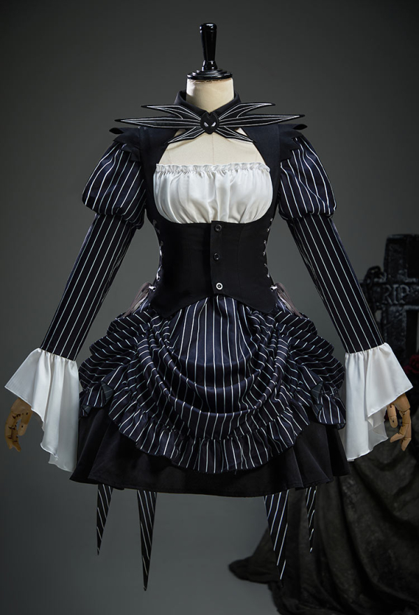 Sweet Nightmare Jack Skellington Style Gothic Costume Long Sleeve Dress with Corset and Tie