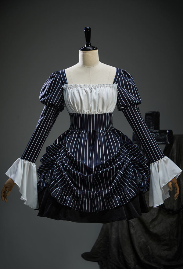 Sweet Nightmare Jack Skellington Style Gothic Costume Long Sleeve Dress with Corset and Tie