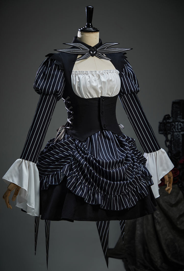 Sweet Nightmare Jack Skellington Style Gothic Costume Long Sleeve Dress with Corset and Tie