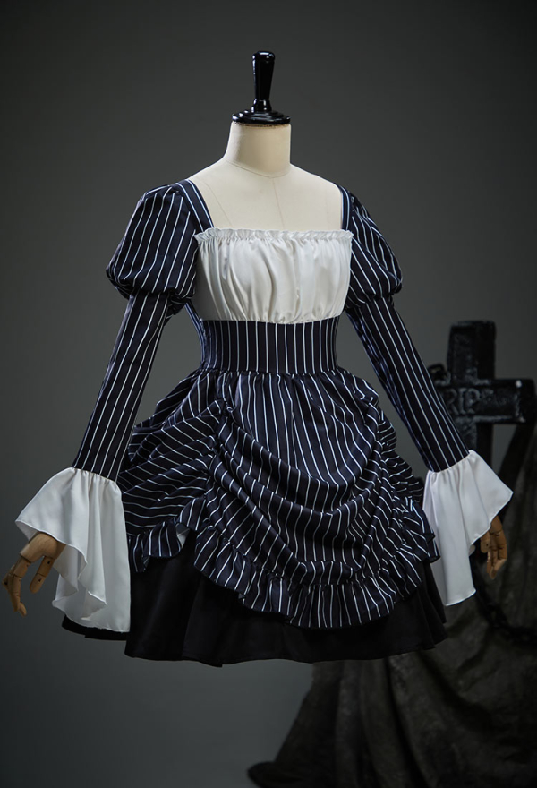 Sweet Nightmare Jack Skellington Style Gothic Costume Long Sleeve Dress with Corset and Tie