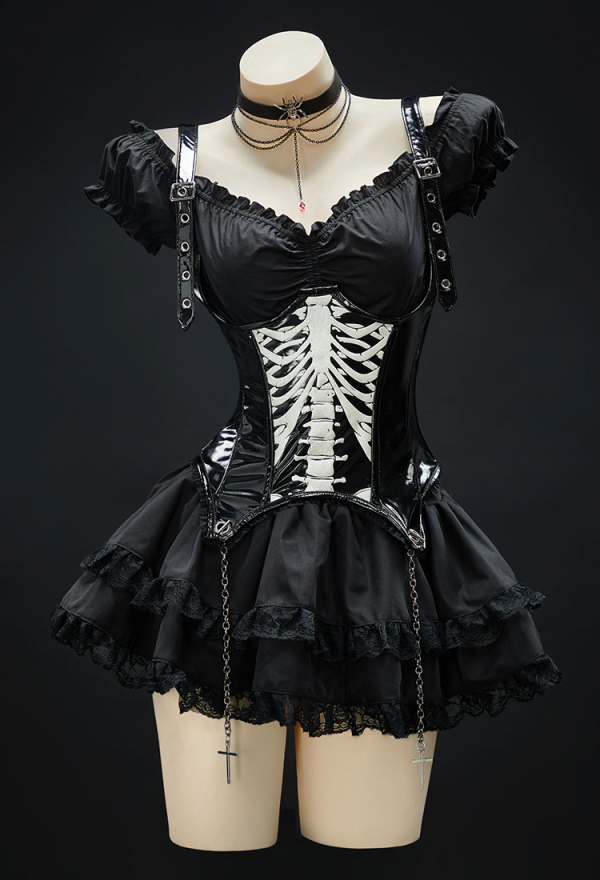 Gothic Skeleton Corset Black Shoulder Straps Adjustable Corset with Chains