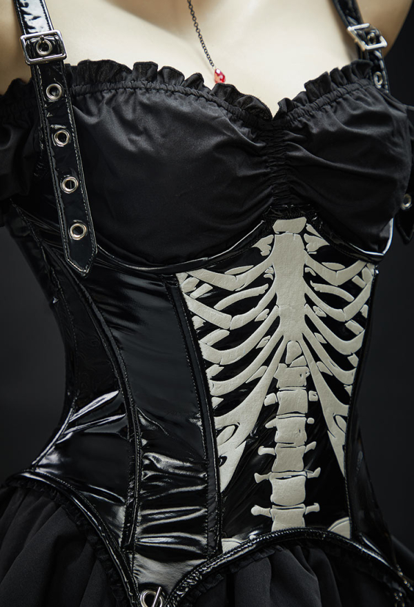 Gothic Skeleton Corset Black Shoulder Straps Adjustable Corset with Chains