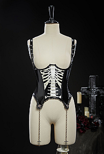 Gothic Skeleton Corset Black Shoulder Straps Adjustable Corset with Chains