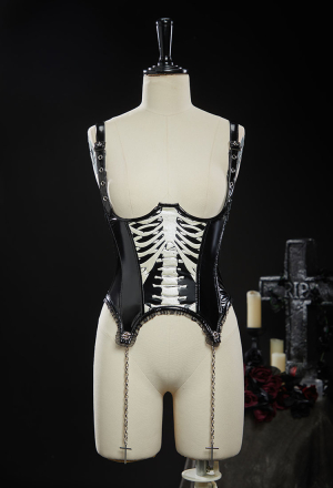 Gothic Skeleton Corset Black Shoulder Straps Adjustable Corset with Chains