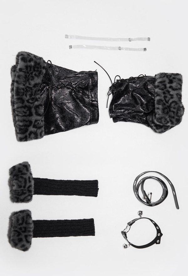 Doll's Curse Black Furry Leopard Suit Off-Shoulder Lace-Up Top with Skirt and Gloves Doll's Curse Black Furry Leopard Suit Off-Shoulder Lace-Up Top with Skirt and Gloves
