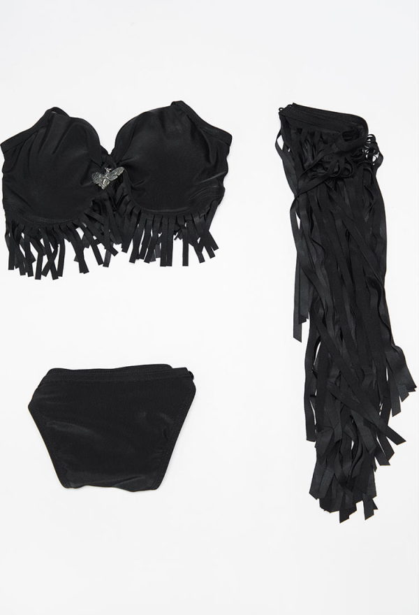 Wings of Summer Gothic Black Hippie Style Fringe Two-piece Swimsuit Halter Top Panty Bathing Suit with Fringe Skirt Wings of Summer Gothic Black Hippie Style Fringe Two-piece Swimsuit Halter Top Panty Bathing Suit with Fringe Skirt