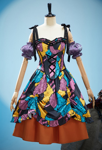 Sweet Nightmare Gothic Halloween Vintage Corset Skirt Set Colorful Patchwork Corset and Skirt with Sleeves