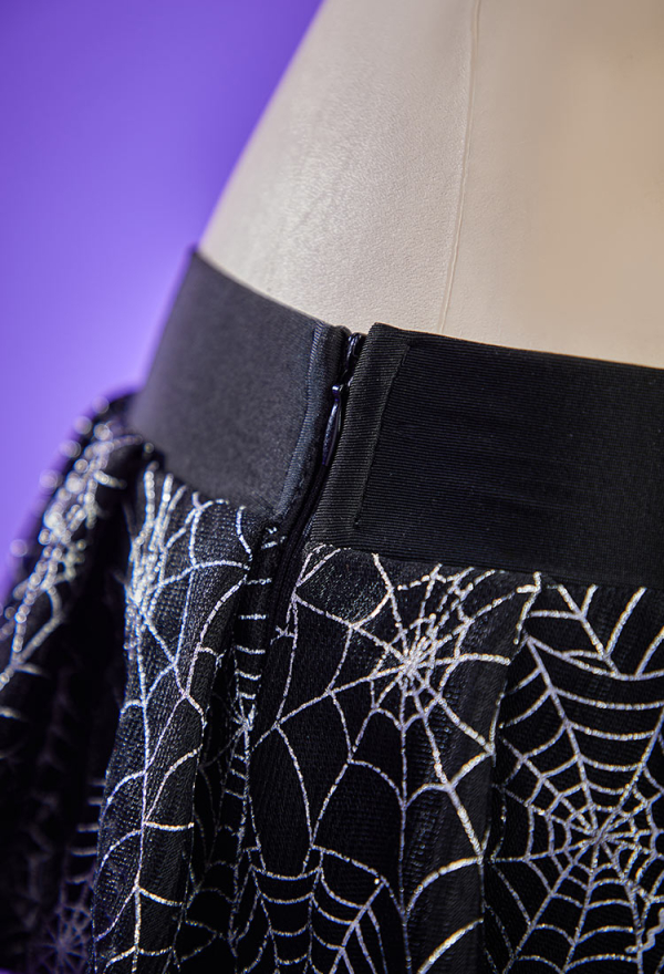 Pretty Crawler Gothic Black Spiderweb Pattern Two-piece Swimsuit Studded Halter Top with Mini Skirt Bathing Suit