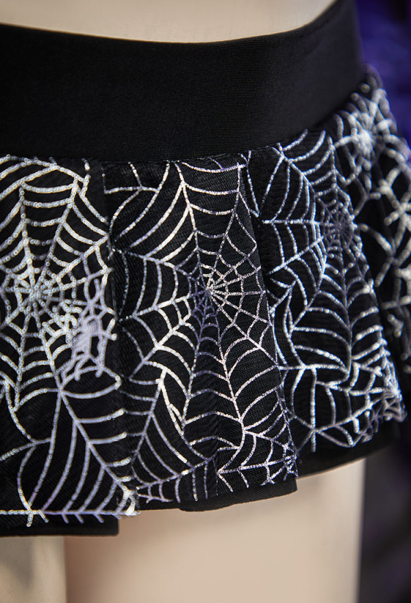 Pretty Crawler Gothic Black Spiderweb Pattern Two-piece Swimsuit Studded Halter Top with Mini Skirt Bathing Suit