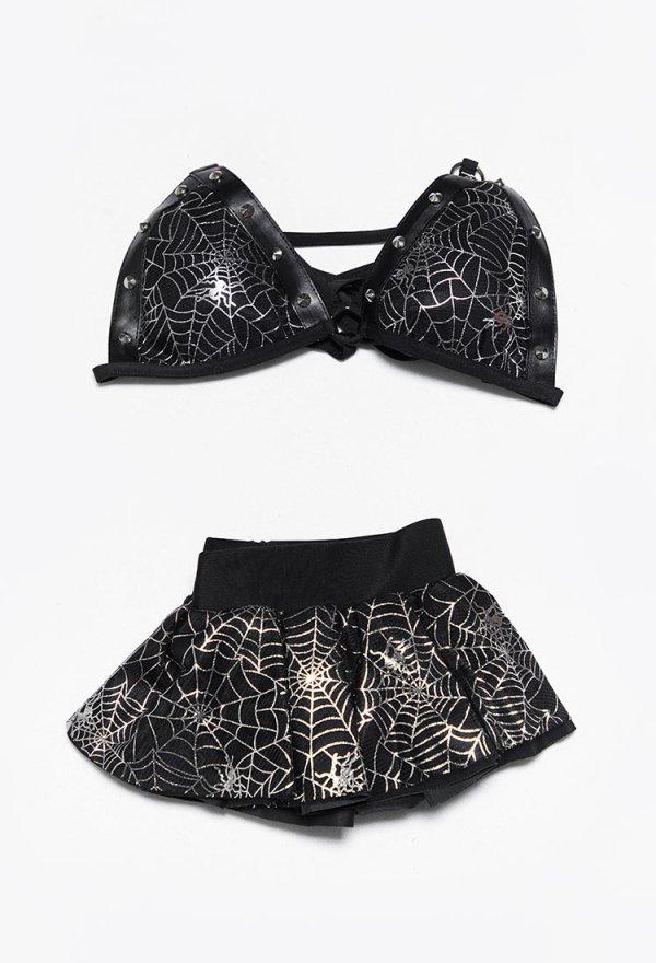 Pretty Crawler Gothic Black Spiderweb Pattern Two-piece Swimsuit Studded Halter Top with Mini Skirt Bathing Suit