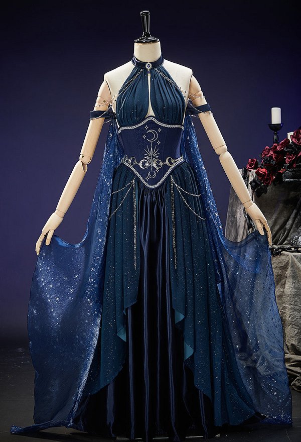 Mystery Cove Gothic Halter Gown Dark Fantasy Fairy Irregular Layered Dress With Shawl and Waist Chains