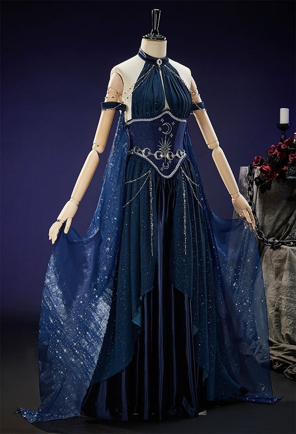 Mystery Cove Gothic Halter Gown Dark Fantasy Fairy Irregular Layered Dress With Shawl and Waist Chains