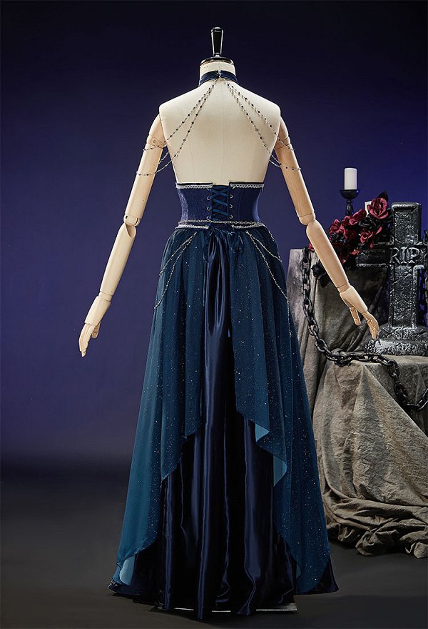 Mystery Cove Gothic Halter Gown Dark Fantasy Fairy Irregular Layered Dress With Shawl and Waist Chains