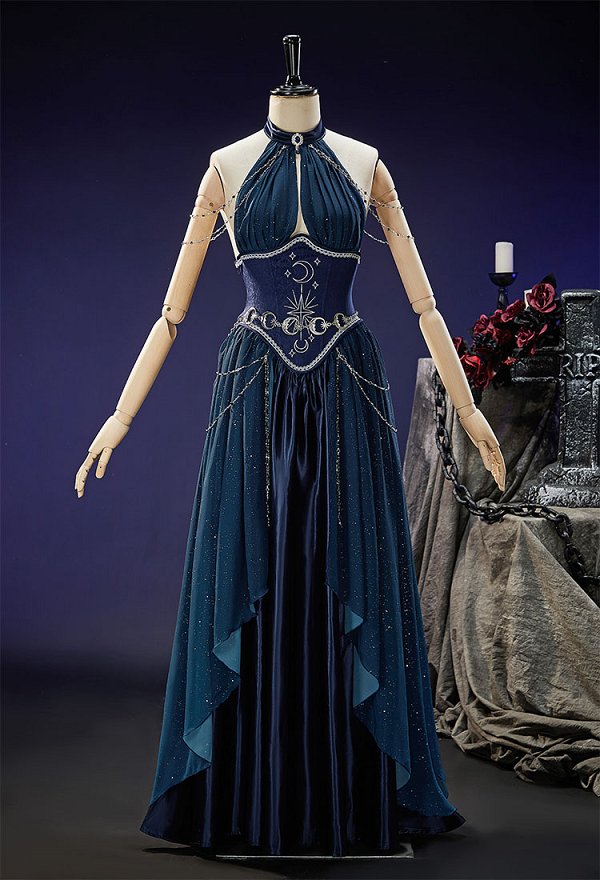 Mystery Cove Gothic Halter Gown Dark Fantasy Fairy Irregular Layered Dress With Shawl and Waist Chains
