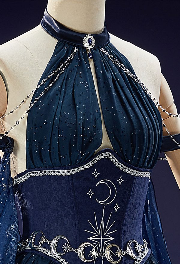 Mystery Cove Gothic Halter Gown Dark Fantasy Fairy Irregular Layered Dress With Shawl and Waist Chains