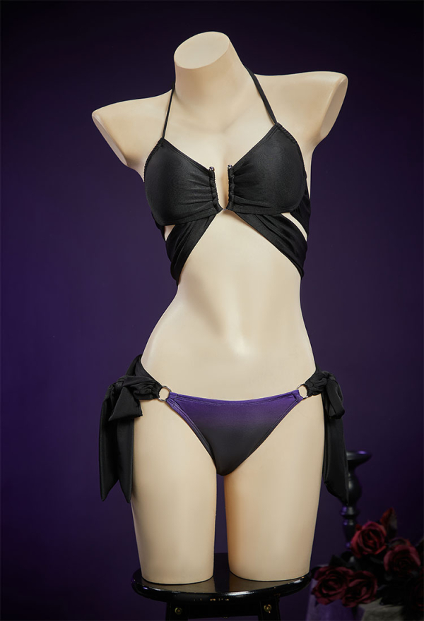 Wings of Summer Black Purple Butterfly Two-piece Swimsuit Butterfly Styled Halter Bathing Suit with Shawl Wings of Summer Black Purple Butterfly Two-piece Swimsuit Butterfly Styled Halter Bathing Suit with Shawl