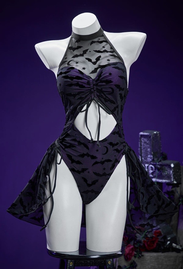 Nocturnal Waves Gothic Bat Pattern One Piece Swimsuit Dark Style Drawstring Design Cutout Bathing Suit with Wrap Skirt