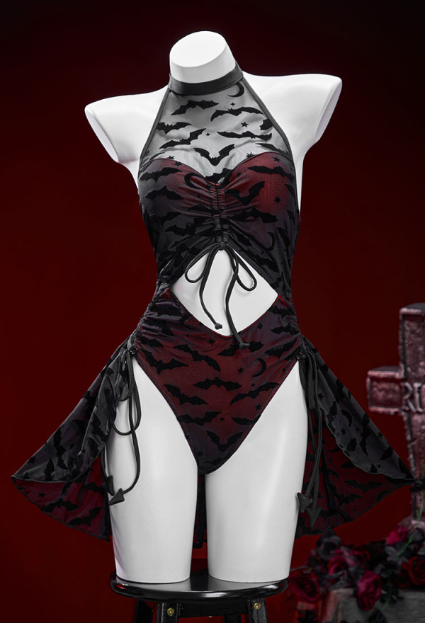 Nocturnal Waves Gothic Bat Pattern One Piece Swimsuit Dark Style Drawstring Design Cutout Bathing Suit with Wrap Skirt