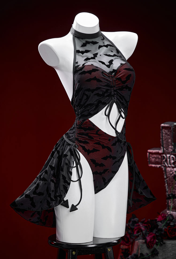Nocturnal Waves Gothic Bat Pattern One Piece Swimsuit Dark Style Drawstring Design Cutout Bathing Suit with Wrap Skirt