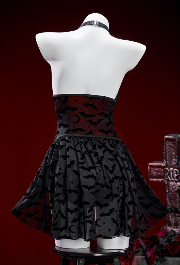Nocturnal Waves Gothic Bat Pattern One Piece Swimsuit Dark Style Drawstring Design Cutout Bathing Suit with Wrap Skirt