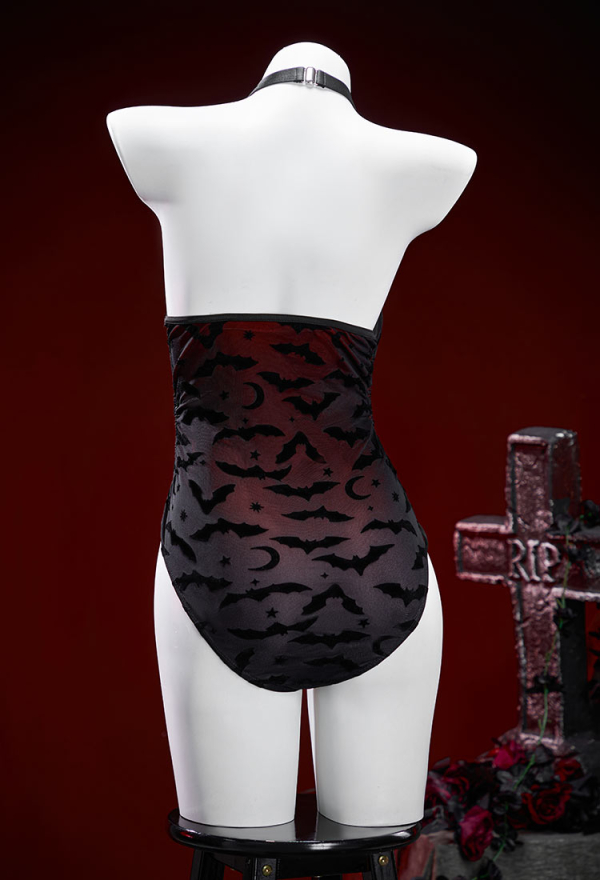 Nocturnal Waves Gothic Bat Pattern One Piece Swimsuit Dark Style Drawstring Design Cutout Bathing Suit with Wrap Skirt