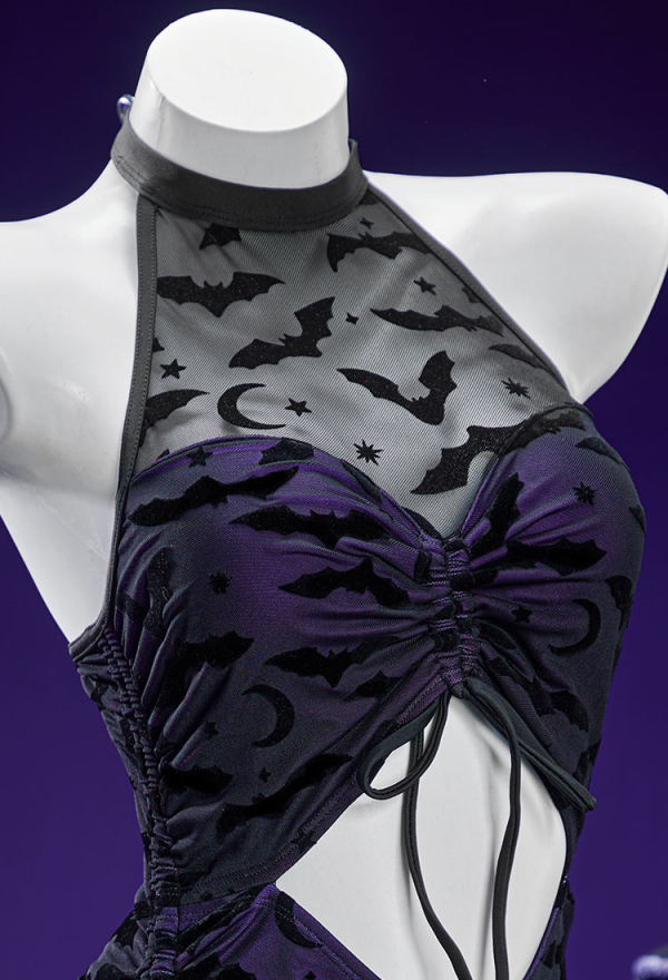 Nocturnal Waves Gothic Bat Pattern One Piece Swimsuit Dark Style Drawstring Design Cutout Bathing Suit with Wrap Skirt