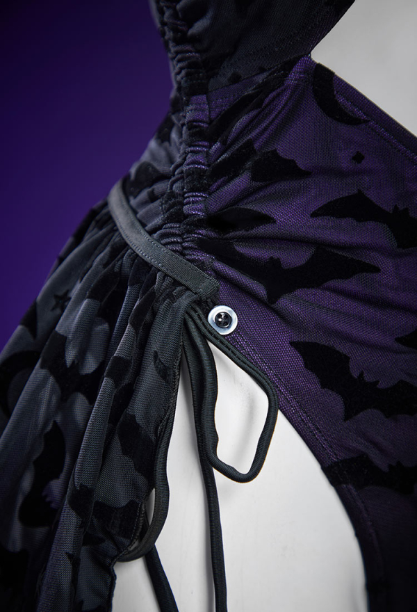 Nocturnal Waves Gothic Bat Pattern One Piece Swimsuit Dark Style Drawstring Design Cutout Bathing Suit with Wrap Skirt