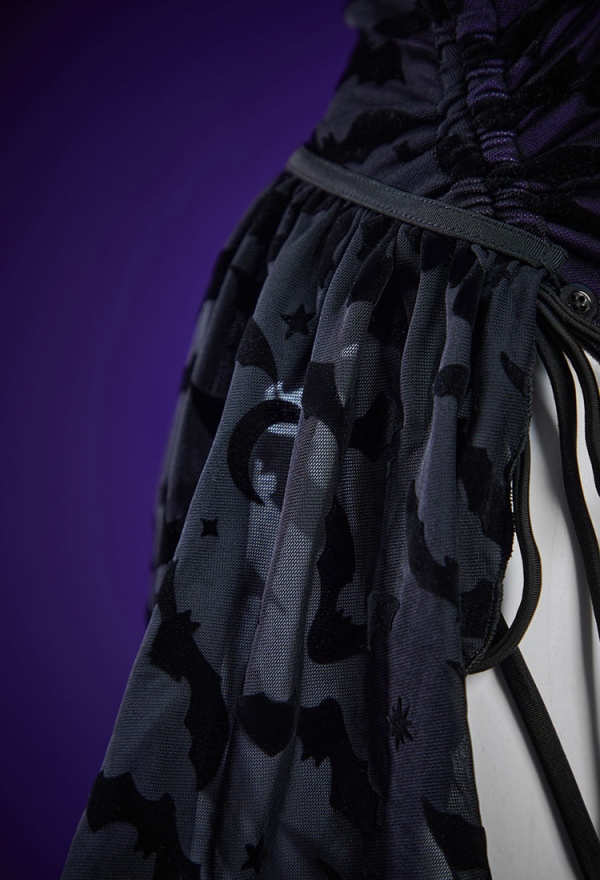 Nocturnal Waves Gothic Bat Pattern One Piece Swimsuit Dark Style Drawstring Design Cutout Bathing Suit with Wrap Skirt