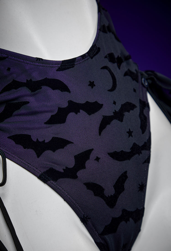 Nocturnal Waves Gothic Bat Pattern One Piece Swimsuit Dark Style Drawstring Design Cutout Bathing Suit with Wrap Skirt
