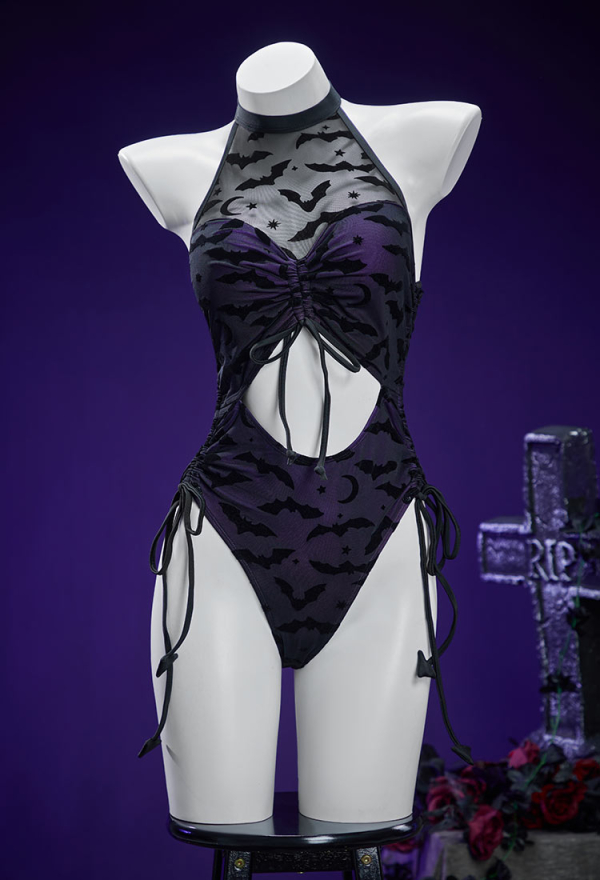 Nocturnal Waves Gothic Bat Pattern One Piece Swimsuit Dark Style Drawstring Design Cutout Bathing Suit with Wrap Skirt