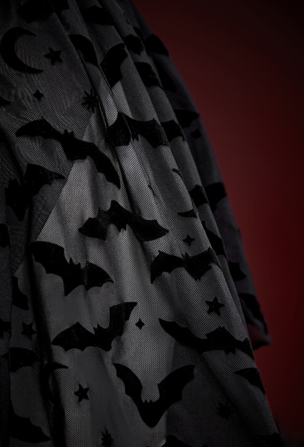 Nocturnal Waves Gothic Bat Pattern One Piece Swimsuit Dark Style Drawstring Design Cutout Bathing Suit with Wrap Skirt