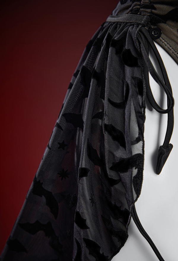 Nocturnal Waves Gothic Bat Pattern One Piece Swimsuit Dark Style Drawstring Design Cutout Bathing Suit with Wrap Skirt