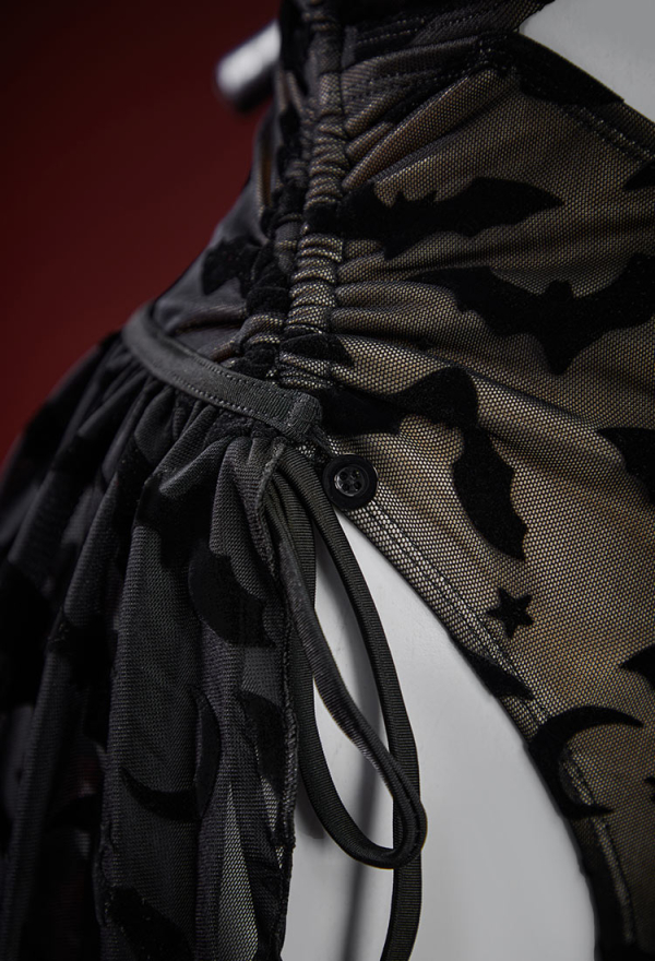 Nocturnal Waves Gothic Bat Pattern One Piece Swimsuit Dark Style Drawstring Design Cutout Bathing Suit with Wrap Skirt