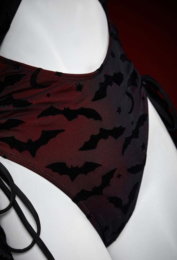 Nocturnal Waves Gothic Bat Pattern One Piece Swimsuit Dark Style Drawstring Design Cutout Bathing Suit with Wrap Skirt