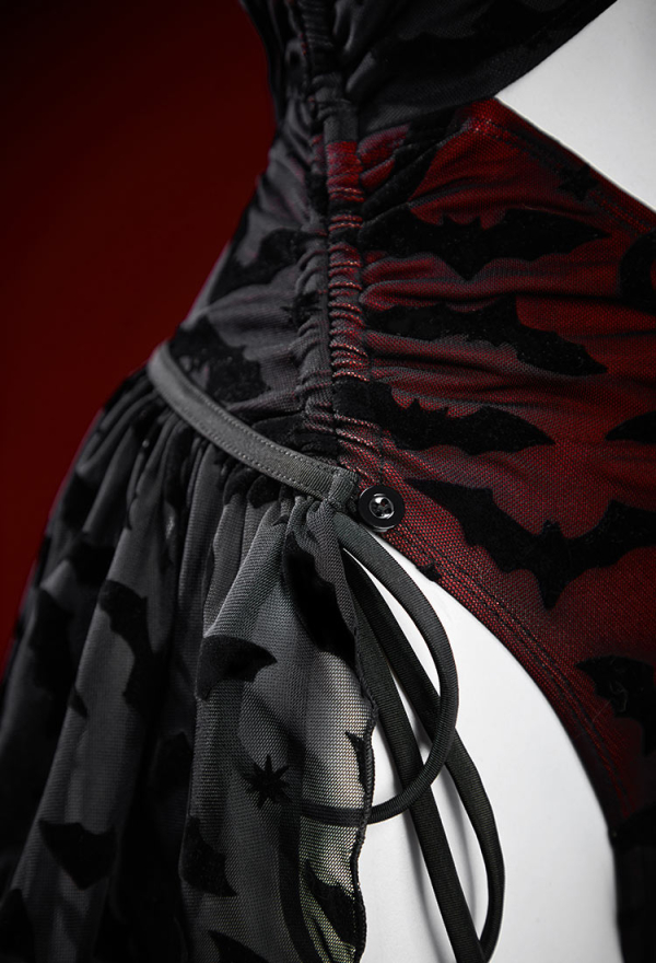 Nocturnal Waves Gothic Bat Pattern One Piece Swimsuit Dark Style Drawstring Design Cutout Bathing Suit with Wrap Skirt