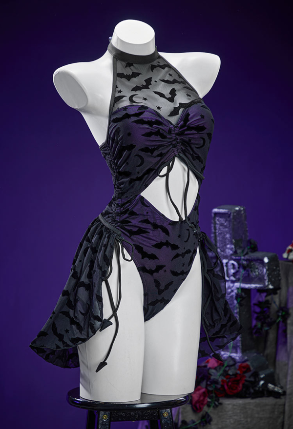 Nocturnal Waves Gothic Bat Pattern One Piece Swimsuit Dark Style Drawstring Design Cutout Bathing Suit with Wrap Skirt
