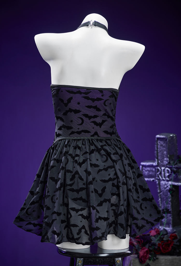Nocturnal Waves Gothic Bat Pattern One Piece Swimsuit Dark Style Drawstring Design Cutout Bathing Suit with Wrap Skirt