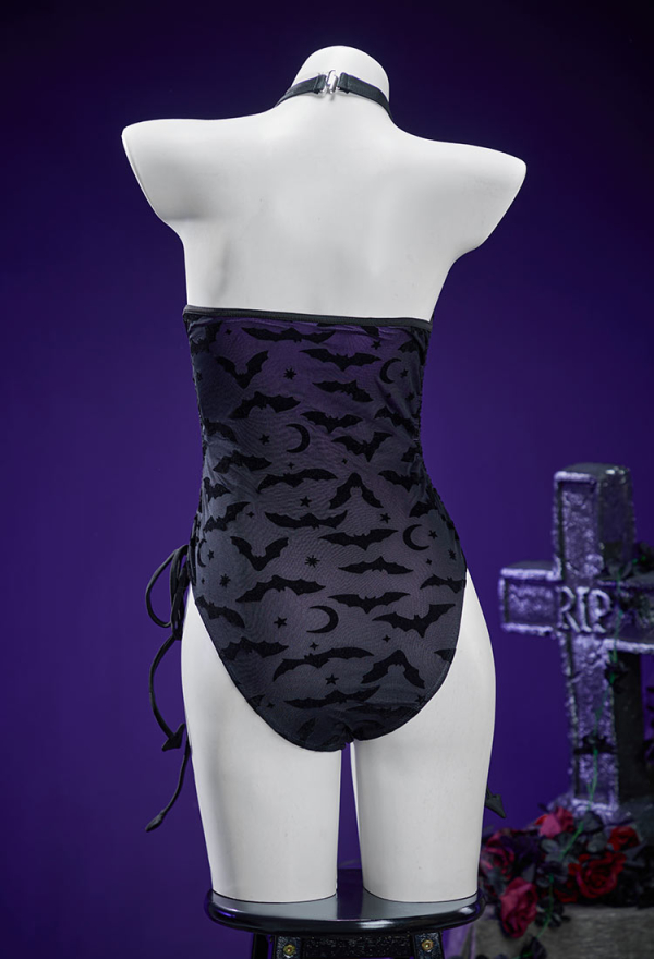 Nocturnal Waves Gothic Bat Pattern One Piece Swimsuit Dark Style Drawstring Design Cutout Bathing Suit with Wrap Skirt