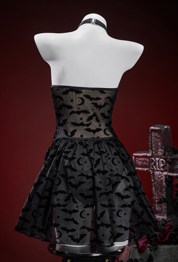 Nocturnal Waves Gothic Bat Pattern One Piece Swimsuit Dark Style Drawstring Design Cutout Bathing Suit with Wrap Skirt