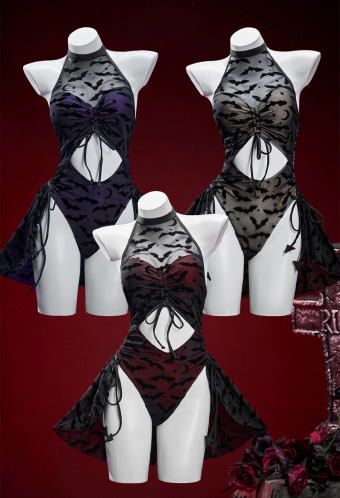 Nocturnal Waves Gothic Bat Pattern One Piece Swimsuit Dark Style Drawstring Design Cutout Bathing Suit with Wrap Skirt