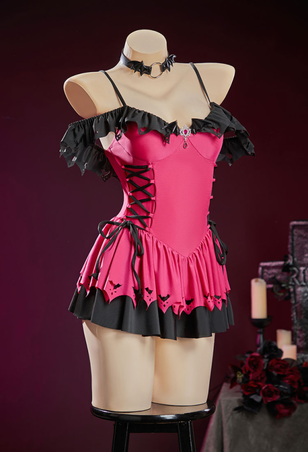 Haunted Night Pink Bat Swimsuit Off-Shoulder Beach Dress Lace-up One Piece Swimsuit with Choker
