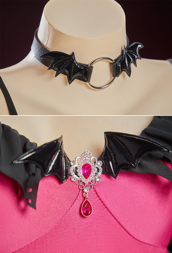 Haunted Night Pink Bat Swimsuit Off-Shoulder Beach Dress Lace-up One Piece Swimsuit with Choker