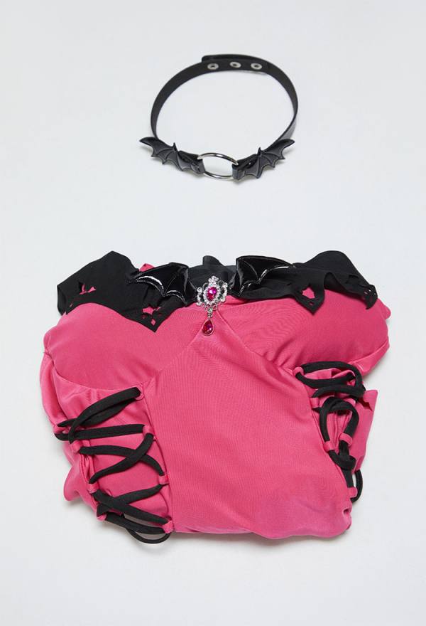 Haunted Night Pink Bat Swimsuit Off-Shoulder Beach Dress Lace-up One Piece Swimsuit with Choker