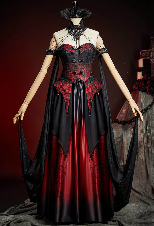 Spectral Petal Gothic Black and Red Gradient Corset Skirt Set Vampire Fantasy Fairy Style Bat Corset Top and Skirt with Shawl Spectral Petal Gothic Black and Red Gradient Corset Skirt Set Vampire Fantasy Fairy Style Bat Corset Top and Skirt with Shawl