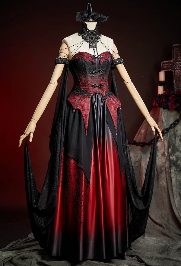 Spectral Petal Gothic Black and Red Gradient Corset Skirt Set Vampire Fantasy Fairy Style Bat Corset Top and Skirt with Shawl Spectral Petal Gothic Black and Red Gradient Corset Skirt Set Vampire Fantasy Fairy Style Bat Corset Top and Skirt with Shawl